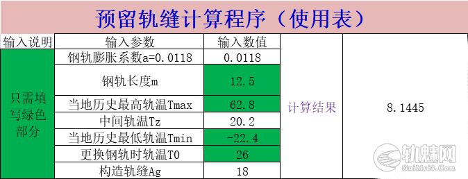铁路预留轨缝计算程序(表格)