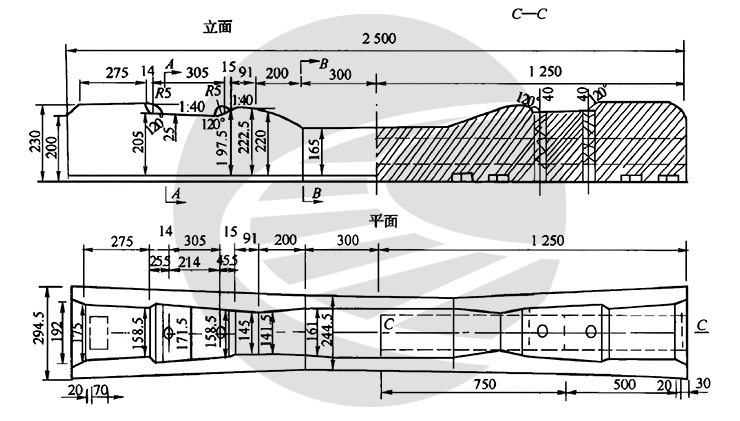 J-1型预应力混凝土枕外形尺寸图 专线3230