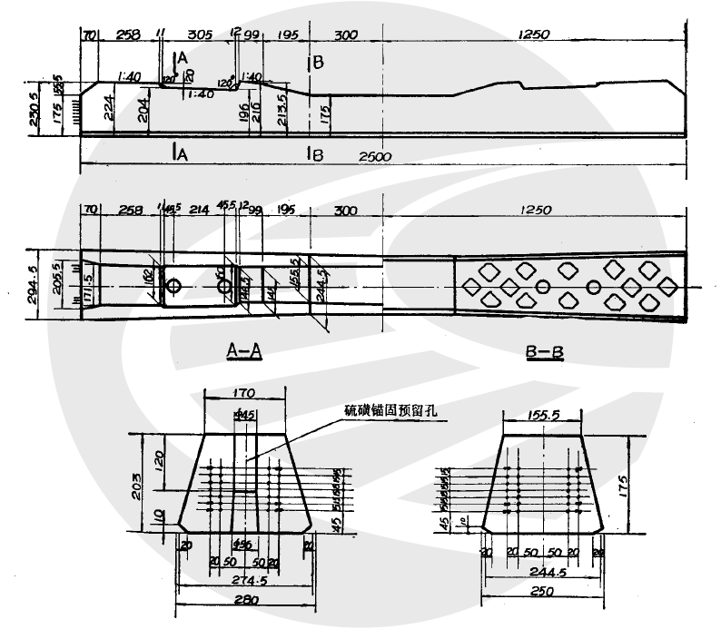 弦65B型预应力钢弦混凝土轨枕外形尺寸图 叁标线(70)3096